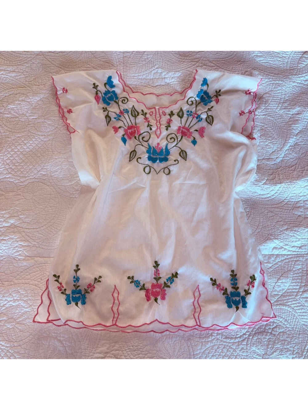 CottageCore Boho White, Pink, and Blue embroidered blouse